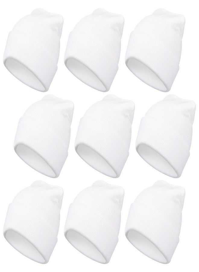 Yearntown 9 Pcs White Beanie for Men Women Knit Cuffed Hat Winter Beanies Skull Cap Unisex (White) - Image 1